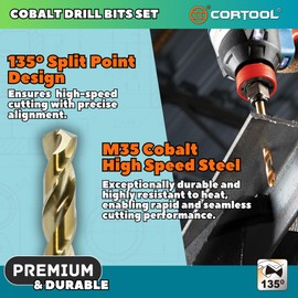 CORTOOL Cobalt Drill Bit Set, 15pcs Twist Jobber Length Drill Bit Kit for Hardened Metal, Cast Iron, Stainless Steel, Plastic and Wood, with Indexed Storage Case 1/16"-3/8", M35 HSS, 135 Degree Tip