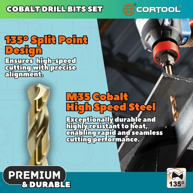 CORTOOL Cobalt Drill Bit Set, 15pcs Twist Jobber Length Drill
