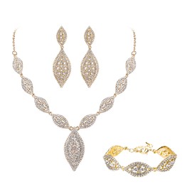 Flyonce Wedding Jewelry Set Rhinestone Crystal Bridal Leaf Necklace Link Bracelet Drop Dangle Chandelier Earrings Clear Gold-Tone