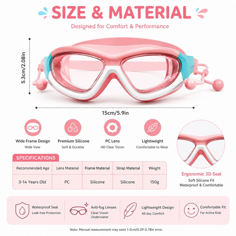 Kids Swim Goggles with Earplugs – Anti-Fog Waterproof Large Frame