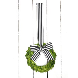 Small Mini Preserved Boxwood Wreath with Black and White Stripe Ribbon, Choose 6, 8 or 10 inch (8")