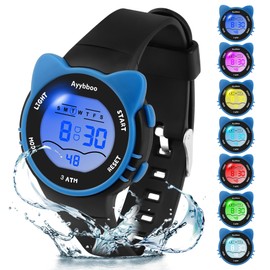 Kids Digital Watches for Girls Boys, 7 Color Lights Waterproof Watches for Kids with Alarm Stopwatch, Cute Cat Watch, Kids Present for Girls Boys Ages 5-13