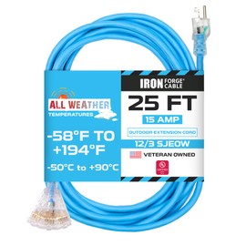 Iron Forge Cable Outdoor Extension Cord, 3 Outlet Extension Cord, 12/3 Extension Cord, 25ft Extension Cord, All Weather Cold & Hot Temperatures from -58°F to +194°F, SJEOW Lighted Cable