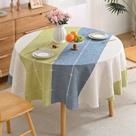 Lattice Embroidery Plaid Round Tablecloth, Heavy Duty Cotton Linen Fabric Wrinkle Resistant Round Table Cloth Cover for Home Kitchen Dining Party Decor, Round 48 Inch, Green/Blue