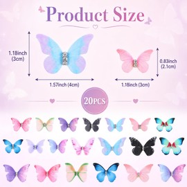 20Pcs Organza Fabric Butterfly for Crafts, Colorful Mini 3D Butterfly Ornaments Double-Layer Butterflys Applique DIY Butterflies Decorative for Wedding Party Decoration Clothes Ornament Home Decor