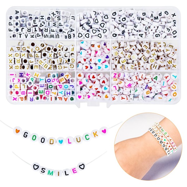 1030 Pcs Letter Beads Kit Acrylic Alphabet Beads and Heart Beads with Crystal Elastic Cord Beads for DIY Crafts Jewellery Necklaces Bracelets Making