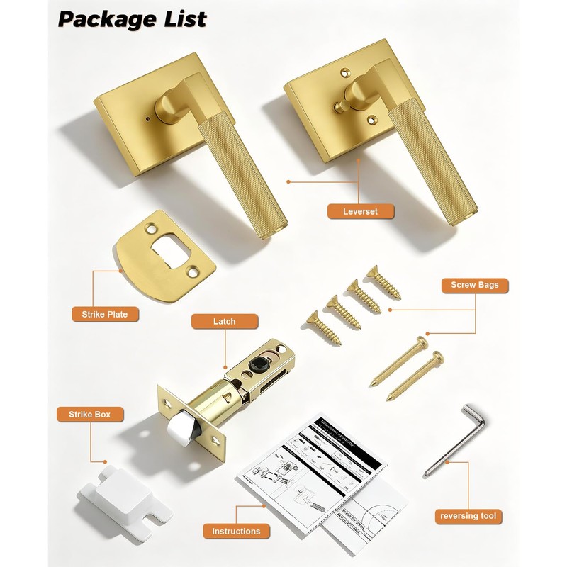 Probrico Brushed Gold Privacy Door Handle, Knurled Lever, Heavy Duty