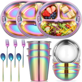 Tioncy 15 Pcs Stainless Steel Kids Dinner Set, 3 Bowls, 3 Balanced Bites Divided Plates, 3 Cups, 3 Spoons and 3 Forks, Stainless Steel Lunch Plates Dinnerware Set for Kids Toddlers(Monkey)
