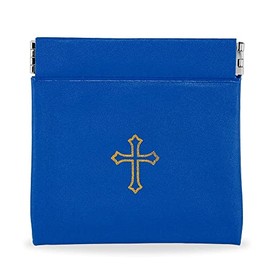 Squeeze Top Rosary Pouch Blue Vinyl with Gold Cross Imprint
