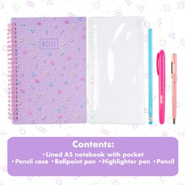 abeec Stationery Set - Notebook and Stationery Set For Girls - Contains A5 Notebook, 1x Highlighter Pens, 1x Pen & 1x Clear Pencil Case
