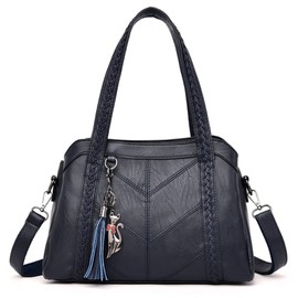 FiveloveTwo Women Purse and Handbags Fashion Tote PU Stiching Top Handle Satchel Shoulder Bag with Ornaments Dark Blue