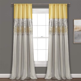 Lush Decor Night Sky Window Curtain Panel, Single, 442" W x 95" L, Yellow & Gray - Sequin Curtains - Sparkle & Color Block Design - Modern Glam Decor - Long Curtains For Bedroom & Living Room