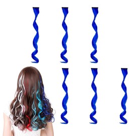 6Pcs Colored Clip in Hair Extensions,Gemstone Blue Hair Tinsel Clip,Colorful Party Highlights Hair Tinsel,Curly Hair Tinsel Clip,Rainbow Hair Accessories
