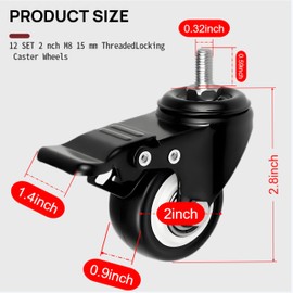Heavy Duty Swivel Caster Wheels with Dual Brake, 2-in M8x15mm, 12 Pcs