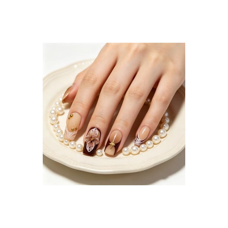 Uñas postizas cuadradas de color marrón medio hechas a mano,