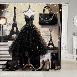 Cortina de ducha de vestir a la moda, color negro, cortina de baño estilo Torre Eiffel París, decoración de baño, romántica, con temática de maquillaje, cortina impermeable para mujer, cortina con