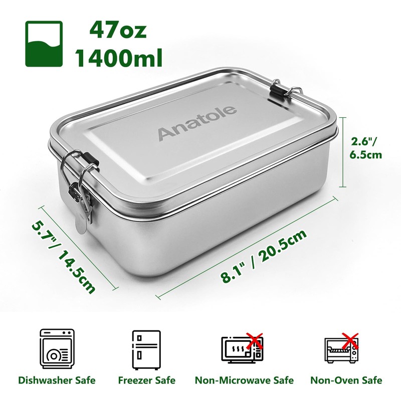 Anatole 304 Stainless Steel Bento Box 47oz 1400ml Leak-Proof Lunch