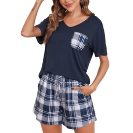 Sopesil Pyjamas for Women Shorts Sets Ladies Pjs Modal Short Sleeve Plaid Womens Pyjamas Sets With Pockets Sleepwear Soft Lounge Wearr, Navy blue, XL