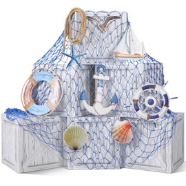 JellyArch 18 Pcs Nautical Party Decorations Imitation Wooden Box Fishing Net Car Trunk or Treat Decor Ocean or Pirate Party Favors Adventure Birthday Party Decorations Photo Booth Props(Blue)