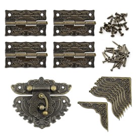 YKEBVPW 2 Sets Jewelry Box Hardware Kit Small Boxes with Brass Hinges Corners for Wood Antique Engraved Latch Hasp Parts Decoration Repair