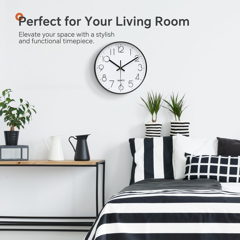 VIKMARI Silent 10 Inch Wall Clock Modern Black & White