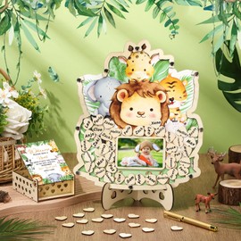 Wenqik 63 Pcs Safari Animal Baby Shower Guest Book Alternatives Set Baby Shower Decorations with Photo Frame Sonogram Frame Keepsake 60 Wood Slices Guest Book for Birthday
