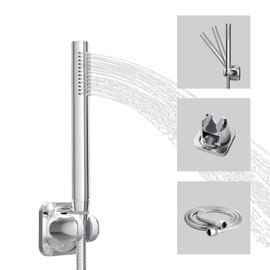 ACEFY Shower Head, Water-Saving, 1 Jet Type, Hand Shower, Solid Brass Brushed with Easy to Clean Rubber Nozzles (Chrome-Plated Shower Head + Hose + Holder)