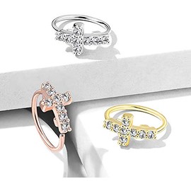 BODY MIND 20G CZ Paved Cross Top 316L Surgical Steel Bendable Nose Hoop Rings (Silver)