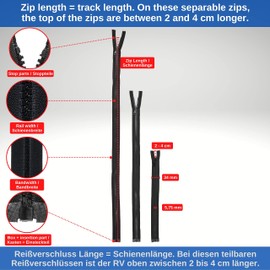 Separable Zipper, Pack of 2, 85 cm Rail Length, in Black, 1 Way Open End #5, 5.75 mm Rail Width, 34 mm Width, Replacement Plastic Zipper, Plastic Zip #5