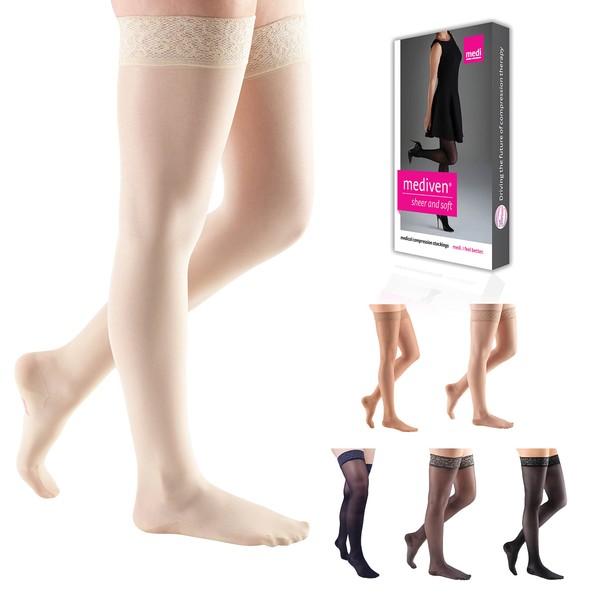 mediven sheer & soft for Women, 30-40 mmHg Thigh High w/Lace Silicone Top Band Closed Toe Compression Stockings, Wheat, I-Standard