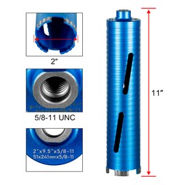 SALI Diamond Core Drill Bits 2" Diameter 10"/254mm Drilling Depth 5/8-11" Thread Core Bit Turbo Laser-Welded Segments for Cured Concrete with, Brick, Block, Masonry, with Two Adapters