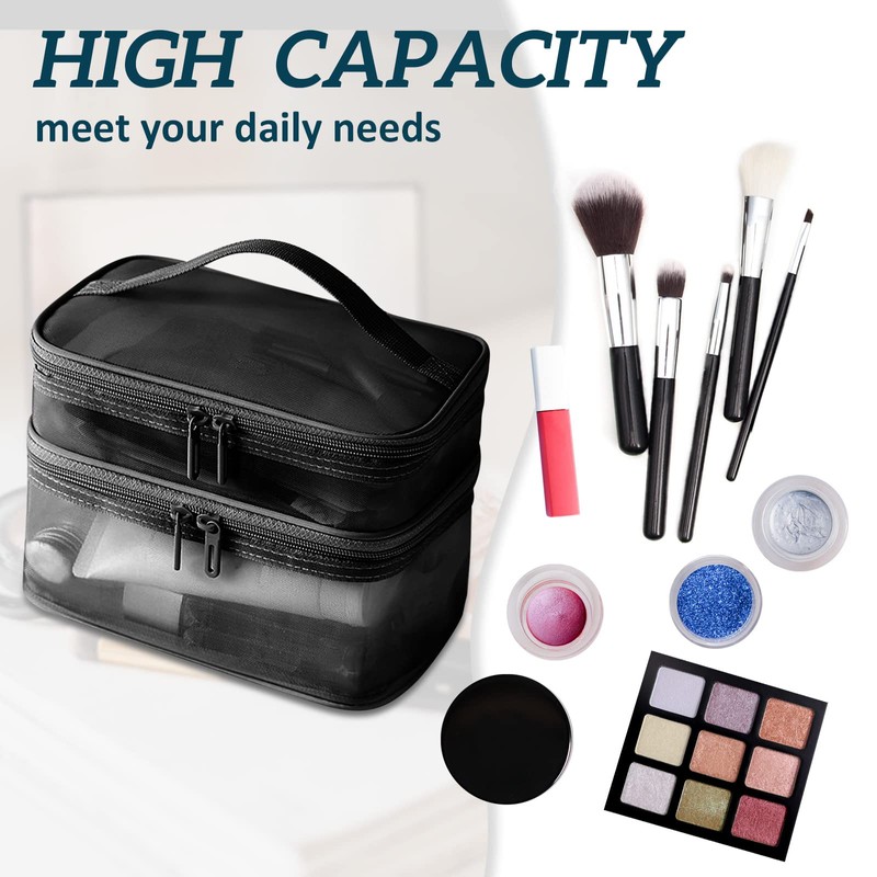 Double Layer Makeup Bag, Large Mesh Travel Cosmetic Pouch with