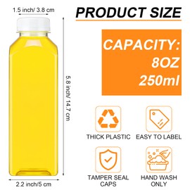 Xinnun 200 Pcs Plastic Juice Bottles with Caps Square Empty Clear Water Bottles Bulk Drinking Beverage Containers Reusable Empty Juicing Refillable PET Flasks with Lids for Drinks Smoothie(8oz,White)