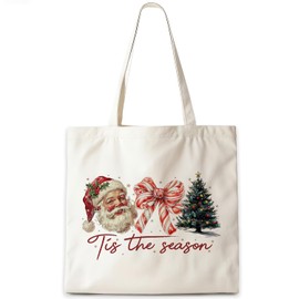CosxHabitat Coquette Candy Bow Christmas Tote Bag, Vintage Santa Claus Xmas Tree Canvas Tote Bags, Preppy Christmas Winter Holiday Reusable Grocery Shopping Bag