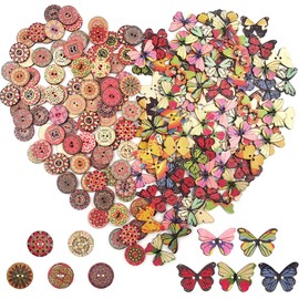 200 PCS Round and Butterfly Wooden Flower Buttons, lyfLux Wooden Buttons 2 Holes for DIY Clothing Accessories Sewing Craft