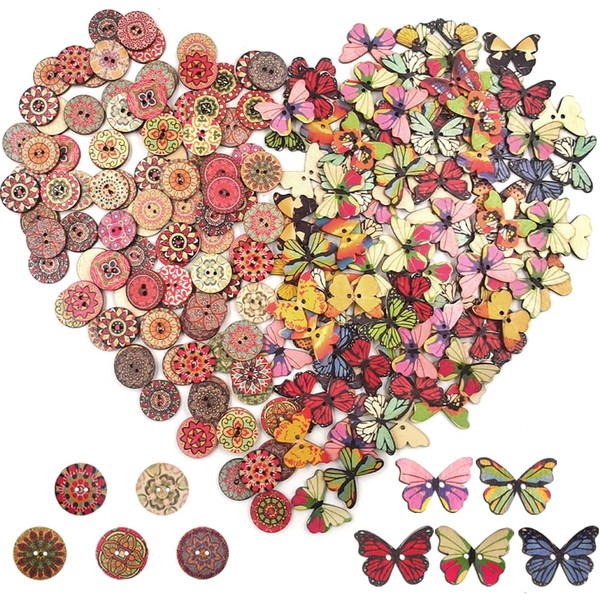 200 PCS Round and Butterfly Wooden Flower Buttons, lyfLux Wooden