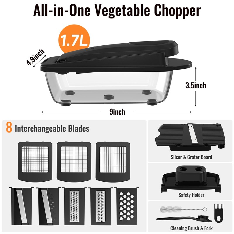 8 Blade All-in-1 Vegetable Chopper Mandoline Slicer with Container, Food