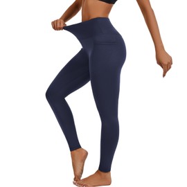 ccko High Waisted Leggings for Women with Pockets, Womens Yoga Pants Stretch Workout Leggings Tummy Control, Solid Dark Blue, M
