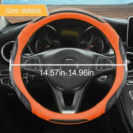 LoyaForba Leather Steering Wheel Cover, Auto Car Stretch Steering Wheel Protector, Universal 15 Inch Anti-Slip Breathable Odorless Steering Wheel Cover for Men Women (Black/Orange)