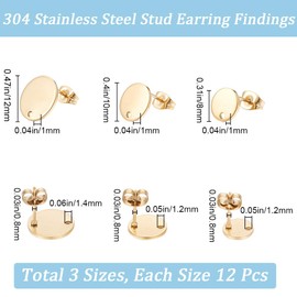 SOFPLATE 1 Box 36Pcs 3 Size Round Earring Posts Stainless Steel Stud Earring Findings with Loop Gold Hypoallergenic Blank with Butterfly Ear Back Flat Pad Earring Studs for jewellery Making Supplies D