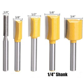 Two Flute Straight Router Bits， 5PCS 1/4" Shank Straight & Dado Router Bit Set for Woodworking Groove Chisel bits -1/4", 3/8", 1/2", 5/8", 3/4"