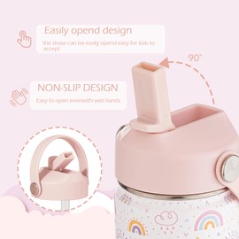 Insulated Water Bottle for KIds with Straw-12oz, Stainless Steel Water Bottle, Double Walled Thermal Cup with Handle Lid, Leakproof Wide Mouth Reusable Sports Bottle-White Rainbow S