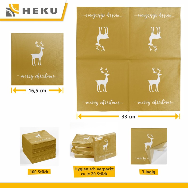 HEKU 100 napkins, 3-ply, 33 x 33 cm, "Merry Christmas"