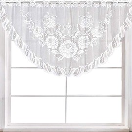 WUBODTI White Lace Swag Valance Curtains for Living Room Kitchen Windows, Sheer Embroidery Floral Window Valances Hollow Knitted Scalloped Curtain for Dinning Room Cafe, 63" Wx24 H