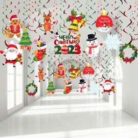 30 Pieces Christmas Party Hanging Decorations Garland Snowman Elk Sign Xmas Holiday Ceiling Hanging Foil Swirl Decorations for Indoor Outdoor Happy Christmas Holiday Party Supplies
