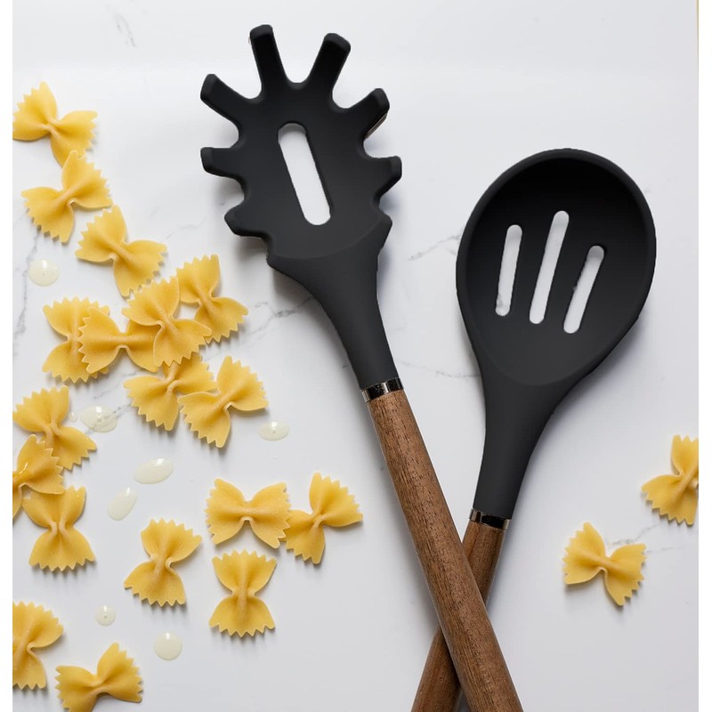 Country Kitchen Non Stick Silicone Utensil Set with Rounded Wood
