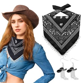 JIANGLAI Fringe Rhinestone Bandana with Rhinestone Cowgirl Boots Earrings, Disco Bachelorette Tassel Kerchief (Black)