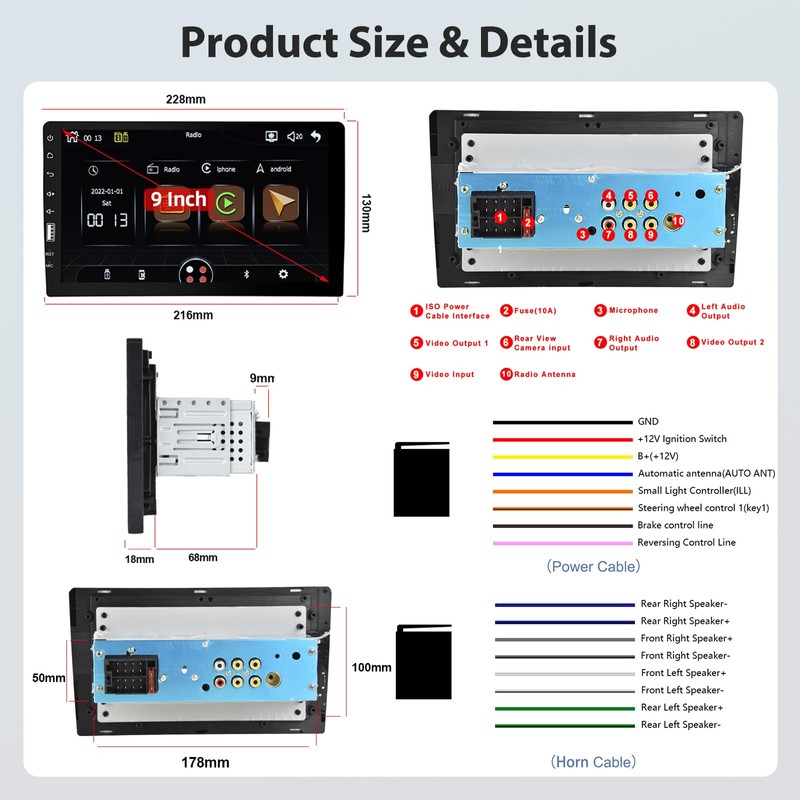 Motoris 9 Inch Single Din Car Stereo Radio with Built-in
