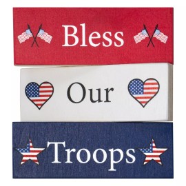 JennyGems Bless Our Troops 3pc Wooden Block Signs, Patriotic Decor