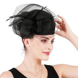 Woman Sinamay Fascinator Hat Pillbox Derby Hats Linen Feather with Veil Vintage Cocktail Tea Party Dress Cap Black
